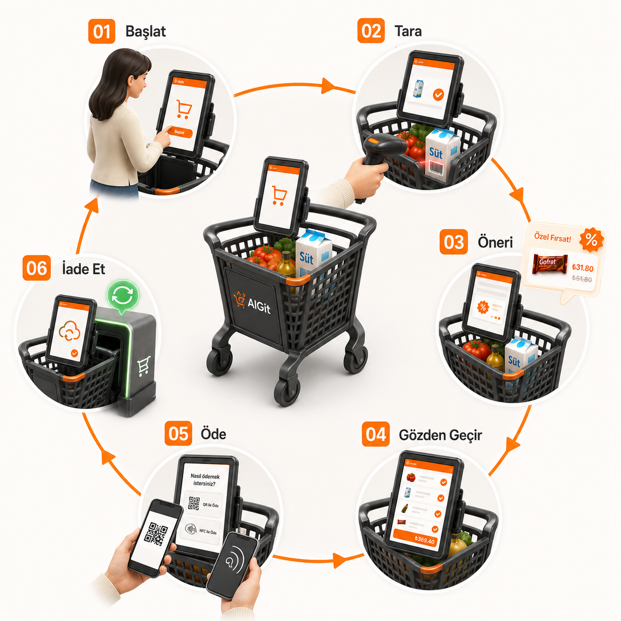 AlGit customer journey flow from cart start, scan, recommendation, review, payment and cart return